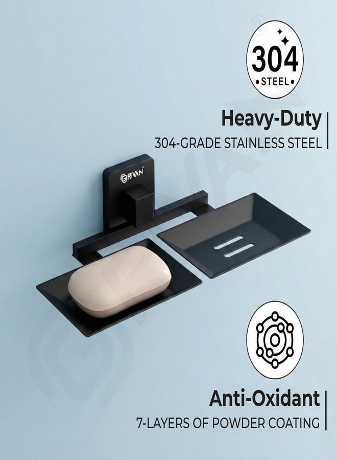 GRIVAN Stainless Steel Double Soap Holder | Wall Mounted Square Soap Dish | Matte Black Finish | Rust-Free Bathroom Accessorries (Black, Pack of 1) - Image 5